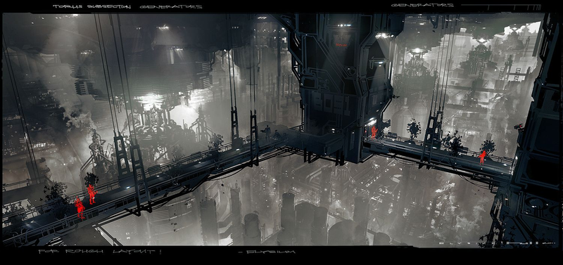 Illustration for article titled Breathtaking Concept Art of Elysium's Spaceship Hangar and Robot Deck
